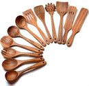 12 Pack Wooden Spoons for Cooking - Natural Teak Kitchen Utensils Set with Spatulas by CozyNest Decor
