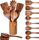 Wooden Spoons for Cooking 10 Pieces Set, Teak Kitchen Utensils Spatula, Wooden Cooking Utensils Spoons, with Spoon Rest, Strainer Spoon, Pasta server, Fried Spatula and Salad Fork, Utensil Holder by CozyNest Decor