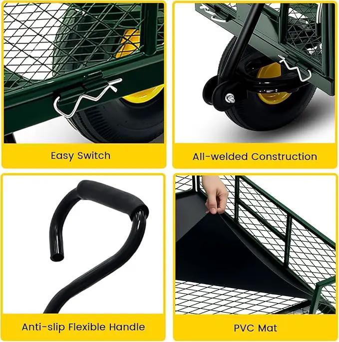 Steel Garden Cart, 2-in-1 Heavy Duty Utility Wagon 900 LBS Capacity Carts with Removable Mesh Sides to Convert into Flatbed, 240° U-Turn 10" Pneumatic Tires Garden Wagon for Lawn Camping Farm Yard, photo 7 of 7