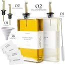 Premium Glass Olive Oil Dispenser Bottle 350ml | Cooking Oil and Vinegar Dispenser Set of 2 | Oil Dispenser for Kitchen with 2 Gold Pourers, Funnel, Brush & 36 Labels by CozyNest Decor
