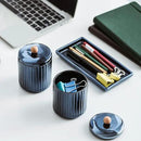 Qtip Holder Bathroom Set with Tray(3PCS) - 2 Piece 12 oz Blue Apothecary Jar Canister with Lid and 1 Pack Ceramic Vanity Tray by CozyNest Decor