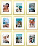 Vittanly 8x10 Picture Frames Set of 9, Shatter Resistant Plexiglass, Display 5x7 Pictures with Mat or 8x10 without Mat, Photo Frames for Wall or Tabletop, Engineered Wood, Gold by CozyNest Decor