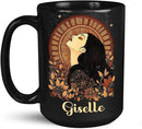 Elegant Woman Coffee Mug with Custom Name, Autumn Themed Ceramic Cup 11oz 15oz, Unique Fall Inspired Black Mug for Women, Personalized Women's Day Coffee Cup, Gifts for Holiday by CozyNest Decor
