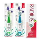 RADIUS Toddler Toothbrush and Toothpaste Bundle for Kids, 2 Pack Totz Extra Soft Brush in Blue and Green Sparkle and 1 Count Dragon Fruit Toothpaste, for Children 18 Months and Up by TinyTreasures Baby Boutique