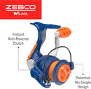 Zebco Wilder Fishing Reel and Rod Combo, 4'3" Durable Fiberglass Rod with Built-In Carabiner, Patented No-Tangle Reel, Pre-Spooled with 6-Pound Zebco Cajun Fishing Line, Blue/Orange by TinyTreasures Baby Boutique