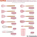 Silicone Cooking Utensils Set, Premium Beech Wood Handle Kitchen Gadgets Utensil Set, Non-Stick Kitchen Utensils Spatula, Tongs, Turner, Whisk, Brush, Spoon, BPA FREE, 446°F Resistant (Pink) by CozyNest Decor