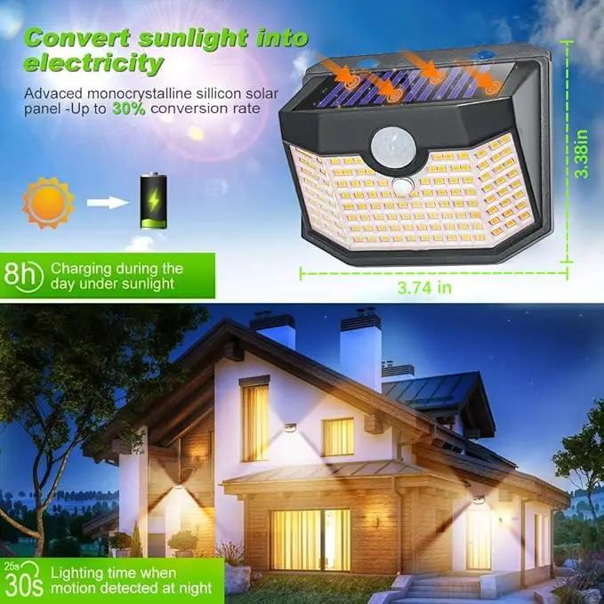 HMCITY 120 LED Outdoor Solar Lights- with Motion Sensor and 3 Lighting Modes, IP65 Waterproof Wide Solar Wall Lights Ideal for Garden Patio Yard (Front Button 6Packs, Warm White), photo 4 of 6