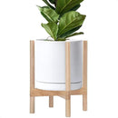 D'vine Dev Ceramic Planter with Natural Stand - 12 Inch Modern Round Flower Pot with Wood Planter Holder, White, 55-B-J-1 by CozyNest Decor