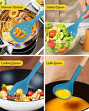 Silicone Kitchen Utensil Set for Non Stick Cookware, 7 Pcs Heat Resistant Cooking Utensils with Wooden Handle, BPA Free Kitchen Tools with Spatulas, Spoons, Skimmer and Pasta Fork (BLUE) by CozyNest Decor