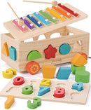 Shape Sorter - Wooden Xylophone and Montessori Number Puzzle Set for Babies - Educational Sorting Game with Storage Car for Toddlers by TinyTreasures Baby Boutique