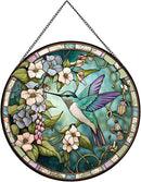 Hummingbirds and Flowers Pattern Stained Glass Suncatchers for Windows,Hanging Stained Glass Suncatcher,20cm/7.87inch Hand-Painted Sun Catcher Garden Painted Glass Panel Decor Themed Gift by GreenHaven Gardens