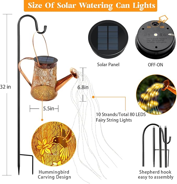Solar Watering Can Lights, Hummingbird Gifts for Women Mom Grandma Birthday, Waterproof Outdoor Garden Decor Large Hanging Solar Lanterns Garden Lights for Patio Porch Yard Flowerbed Pathway, photo 2 of 8