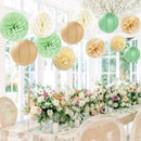 Sage Green-Boho Party-Decorations Paper-Flowers Lanterns - 15PCS Safari Rustic Neutral Baby Shower Tissue Pom Poms Streamers, Champagne Gold Birthday Wedding Graduation Hanging Supplies Decor Hugfond by CozyNest Decor