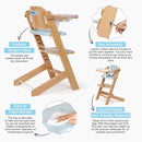 Cowiewie Natural Wooden High Chair for Babies & Toddlers 3-Tier Remove & Adjustable Tray, 8 Adjustable Highchair with Cushions, Portable (Blue) by TinyTreasures Baby Boutique