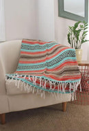 Del Mex Classic Mexican Blanket, Large Authentic Woven Falsa Throw (70"x50"), Artisan Southwest Décor for Beach, Yoga, Outdoors (Mint/Tan/Orange) by CozyNest Decor
