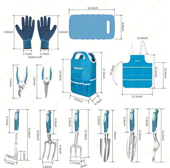 Blue Garden Tool Sets 12-Piece, Aluminum Gardening Hand Tools w/Ergonomic Handle, Garden Supplies Organizer Handbag, Kneeling Pad, Apron and Gloves, Gift for Women, Garden Starter Kit for Women, photo 2 of 7
