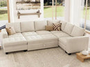 Belffin Modular Sectional Sleeper Sofa with Pull Out Bed U Shaped Sectional Sofa Couch with Storage Ottoman Velvet Covertible 7-Seater Sofa for Living Room Beige by CozyNest Decor