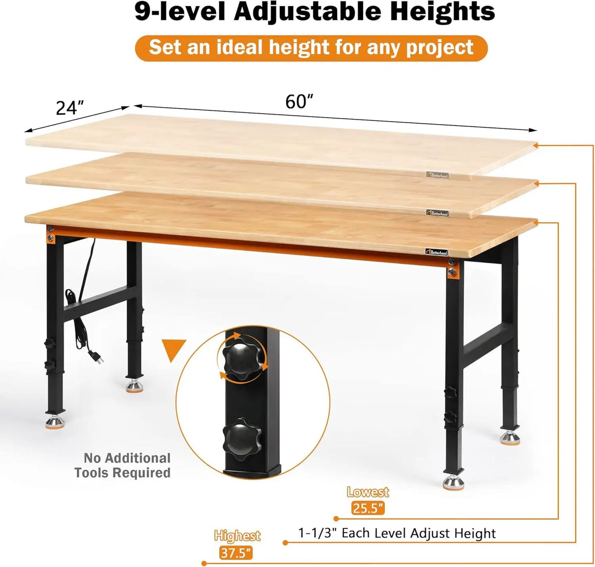Adjustable Height Workbench, 60" Rubber Wood Top Heavy Duty Workstation with Power Outlets, 2000 LBS Load Capacity Hardwood Worktable for Workshop, Garage, Office, Home, Commercial, photo 2 of 6