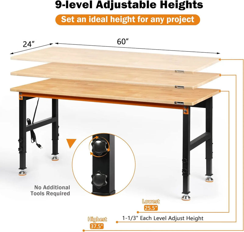 Adjustable Height Workbench, 60" Rubber Wood Top Heavy Duty Workstation with Power Outlets, 2000 LBS Load Capacity Hardwood Worktable for Workshop, Garage, Office, Home, Commercial, photo 2 of 6