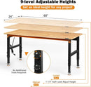 Adjustable Height Workbench, 60" Rubber Wood Top Heavy Duty Workstation with Power Outlets, 2000 LBS Load Capacity Hardwood Worktable for Workshop, Garage, Office, Home, Commercial by GreenHaven Gardens