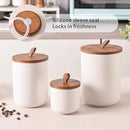 White Ceramic Canister Set with Bamboo Lids, 3-Piece Airtight Food Storage Jars for Kitchen - Flour, Sugar, Coffee, Tea, Spice - Small, Medium, Large Sizes by CozyNest Decor