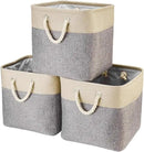 i BKGOO 3Pack Large Foldable Storage Bins，Collapsible Sturdy Cationic Fabric Organizing Storage Basket Cube with Cotton Handles for Home Office Shelf Clothes Toys Khaki-Grey 13×13×13 inch by CozyNest Decor