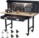 60'' Adjustable Workbench, Heavy Duty Workbench with Drawer and Backplate, 2000 LBS Capacity Work Table with Power Outlet and Lockable Wheels, Suitable for Office, Garage, Workshop by GreenHaven Gardens