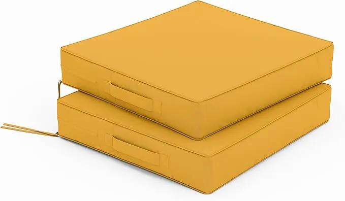 Patio Chair Cushions 17 X 16 X 3 Inch Waterproof Outdoor Seat Cushions for Patio Furniture, Outdoor Sofa Couch Pads with Ties & Handle, Set of 2, Yellow