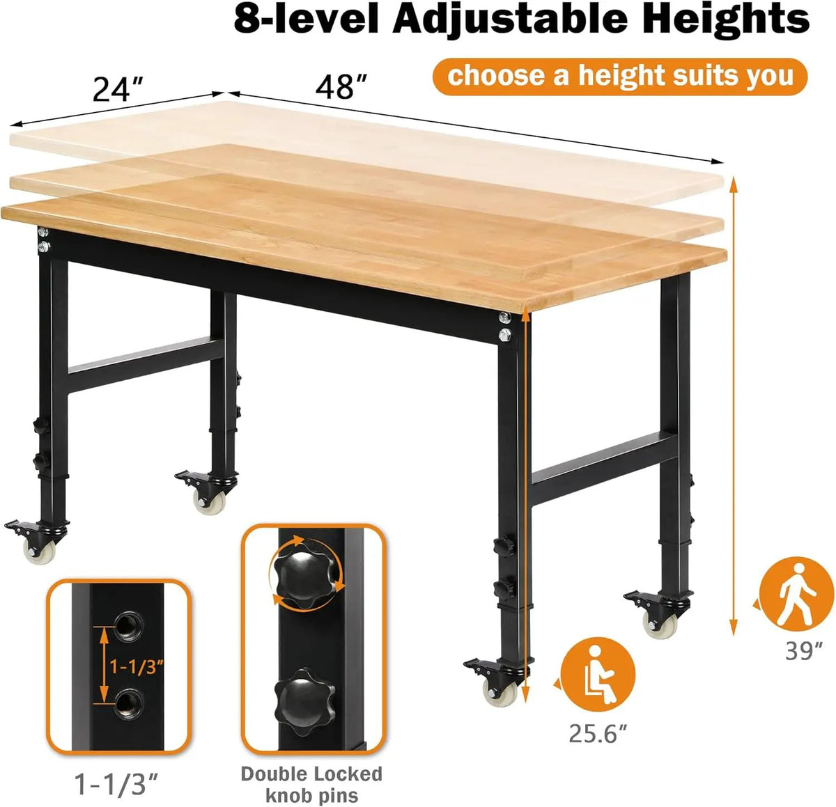 48" Heavy-Duty Adjustable Workbench for Garage, Rubber Wood Shop Table W/Metal Wheels, Hardwood Workstation Weight Capacity Over 2000 Lbs with Wheels, photo 3 of 6