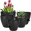 Plant Pots 10/9/8/7.5/7 Inch Self Watering Pots, Set of 5 Plastic Planters with Drainage Holes and Saucers,Plastic Flower Pots,Nursery Planting Pot for Indoor Out Door Plants(All Black) by CozyNest Decor