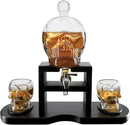 Skull Skeleton Wine & Whiskey Decanter Set 750mL with 2 Skull Shot Glasses 3oz | Gothic Skeleton Barware on Mahogany Wooden Base with Spigot | Spooky Halloween Decor Drinkware & Unique Goth Gift Idea by CozyNest Decor