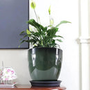 FixtureDisplays® Garden Green Plastic Round 11.8 Inches Diameter 11.8 Inches Tall Planter Resin Glazed Faux Ceramic Flower Pots Drainage Hole with Saucer Decorative Pot 15675-NF by CozyNest Decor
