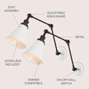 JONATHAN Y JYL7462C-SET2 Rover 7" Classic Industrial Metal Adjustable Arm LED Wall Sconce, White/Oil Rubbed Bronze (Set of 2) for Bedroom, Bathroom, Vanity by CozyNest Decor