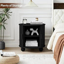 24" Large Fluted Round End Table with Charging Station, Farmhouse Cricle Sofa Side Table with Sliding Door and Storage, Rustic Curved Wood Nightstand for Living Room, Bedroom,Black by CozyNest Decor