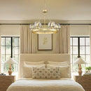 Gold Wagon Wheel Chandelier, 24 Inch Brass Chandeliers with Unique Glass Shade, 6-Light Crystal Farmhouse Wagon Wheel Chandeliers for Dining Room, Round Chandelier for Living Room, Foyer, Entryway by CozyNest Decor