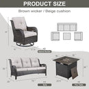 Outdoor Patio Furniture Set with 50000BTU Propane Fire Pit Table, 4 Pieces Wicker Patio Conversation Set with 2 Swivel Rocker Glider Chairs Rattan Sofa Beige Cushion Perfect for Gathering by GreenHaven Gardens