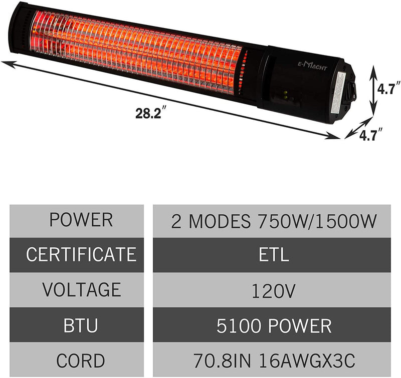 Wall Mounted Patio Heater Electric Outdoor Indoor Heater with Remote Control for Garage Ceiling Porch Home Backyard, 750W-1500W, 120V