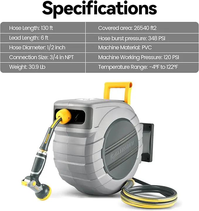Retractable Garden Hose Reel 1/2 in x 130 ft, 2025 Upgraded Dual Ratchet Lock UV & Freeze Protection Brass Seal Slow Retraction Anti-Tangle Hose 180°Swivel Reinforced Scaffold Wall Mount, photo 9 of 9