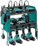 CCCEI Set Power Tool Organizer Wall Mount with Charging Station. Garage 4 Drill Storage Shelf with Hooks, Heavy Duty Metal Tool Battery Charger Organizer. Shop Utility Rack with Power Strip Navy Blue. by GreenHaven Gardens