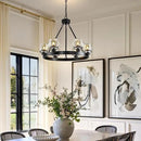 Black Wagon Wheel Chandelier, 24 Inch Black Chandeliers with Unique Glass Shade, 6-Light Crystal Farmhouse Wagon Wheel Chandeliers for Dining Room, Round Chandelier for Living Room, Foyer, Entryway by CozyNest Decor