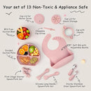 Baby Feeding Set, 13PCS Silicone Baby Self Feeding Set, Toddler Led Weaning Utensils Set with Suction Bowl and Plate, 3 Set of Baby Spoon and Fork, Adjustable Bid, Sippy Cup with Straw and 2 Lids by TinyTreasures Baby Boutique