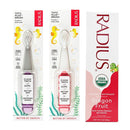RADIUS Toddler Toothbrush & Toothpaste Bundle for Kids, 2 Pack Totz Plus Silky Soft Brush in White/Coral & Cool Grey/Amethyst Purple and 1 Count Dragon Fruit Toothpaste, for Children 18 Months & Up by TinyTreasures Baby Boutique
