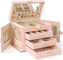 AKOZLIN Large 4-Tier Jewelry Box Leather Jewelry Storage Organizer with 3 Drawers Lockable for Women Girls Ring Necklace Earring Bracelet Watches Holder with Mirror Pink by TinyTreasures Baby Boutique