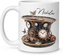 Personalized Coffee Mug Gift For Men, Customized Choose Name White Cup 11oz Or 15oz, Unique Steampunk Design Ceramic Cup, Custom Clock Themed Decorative Cup, Steampunk Decor Mug by CozyNest Decor