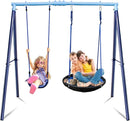2 Seat Swing Set for Backyard - Metal A-Frame Holds 440 lbs, 1 Adjustable Saucer Swing and 1 u-Shape Swing - Suitable for Kids 3-8 Years by TinyTreasures Baby Boutique