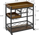 Bar Cart Industrial Kitchen Serving Carts for Home 3 Tier Storage Trolley with Wine Rack Glasses Holder Two Portable Trays Universal Casters with Brakes Rustic Rolling Cart Alcoholic Beverage by CozyNest Decor