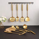 Gold Kitchen Utensils Set - 18/10 Stainless Steel Cooking Tools, 15" All Metal Serving Utensils with Fork, Solid/Slotted Spoon, Spatula, Ladle, Skimmer, Tunner, Pasta Spoon, Large Spoon, Set of 9 by CozyNest Decor