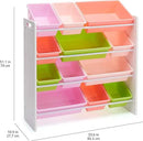 Amazon Basics Kids Toy Storage Organizer With 12 Plastic Bins, White Wood With Pink Bins, 10.9" D x 33.6" W x 31.1" H by CozyNest Decor
