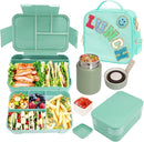 Girl Lunch Bag with 6 Compartment Bento Box with 10oz Thermo- Preppy Green Nylon Insulated Lunch Box Adjustable Strap, Birthday Gift For Girl Kids Teens Travel Picnic School by TinyTreasures Baby Boutique