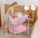 BABY JOY Baby Bathtub with Changing Table, Foldable Infant Diaper Changing Station with Storage Tray, Waterproof Pad, Portable Newborn Nursery Organizer Bath Stand with 4 Universal Wheels (Pink) by TinyTreasures Baby Boutique